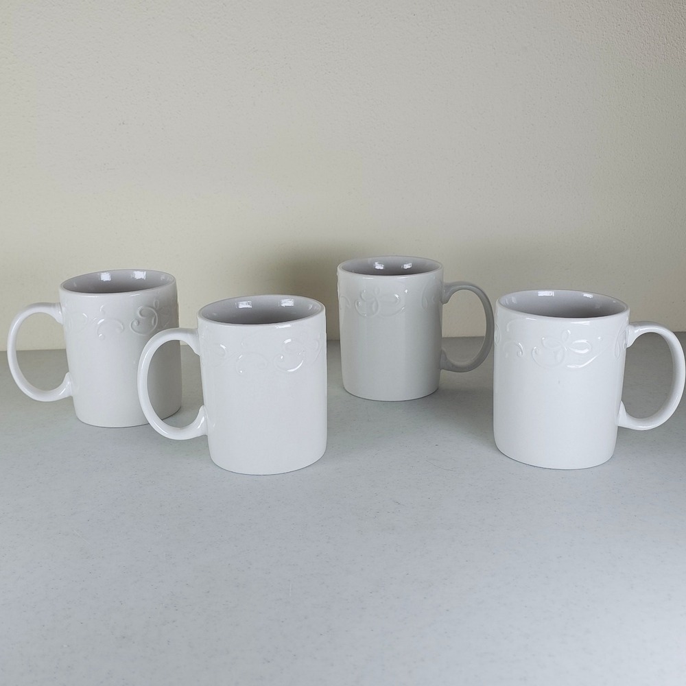 Set of 4 Pfaltzgraff Confetti Coffee Cups/ Mugs  White Embossed Scrolls